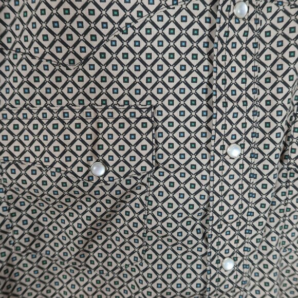 WRANGLER Pearl Snap Western Wrancher Shirt Size M Tan Blue Print Cotton Blend - Picture 4 of 7
